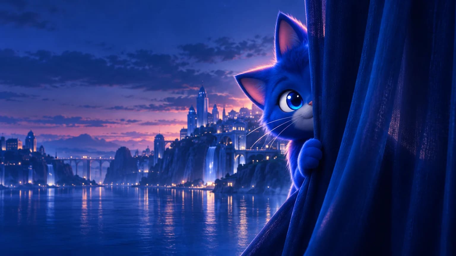GomoCat peeking through a blue veil over the Gomo city